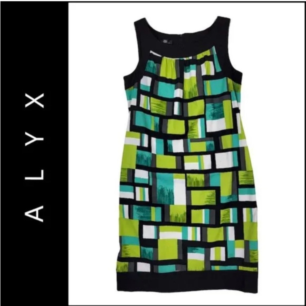 Women’s Alyx 8 Sleeveless Geometric Black Green Dress Sheath With Pockets Mod